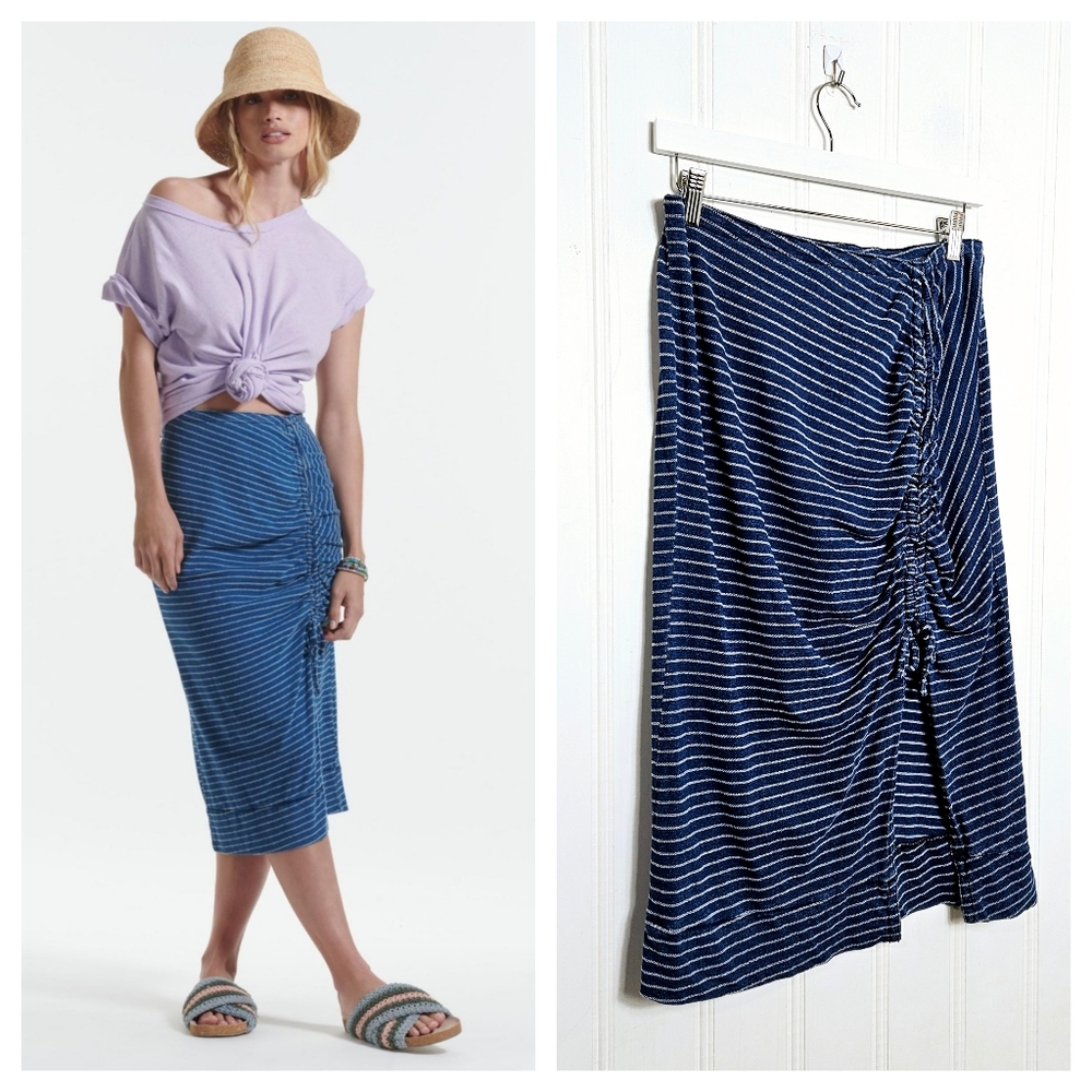 Pilcro Midi Skirt 8 Anthropologie Stripe Knit Ruched Drawstring Blue White Boho